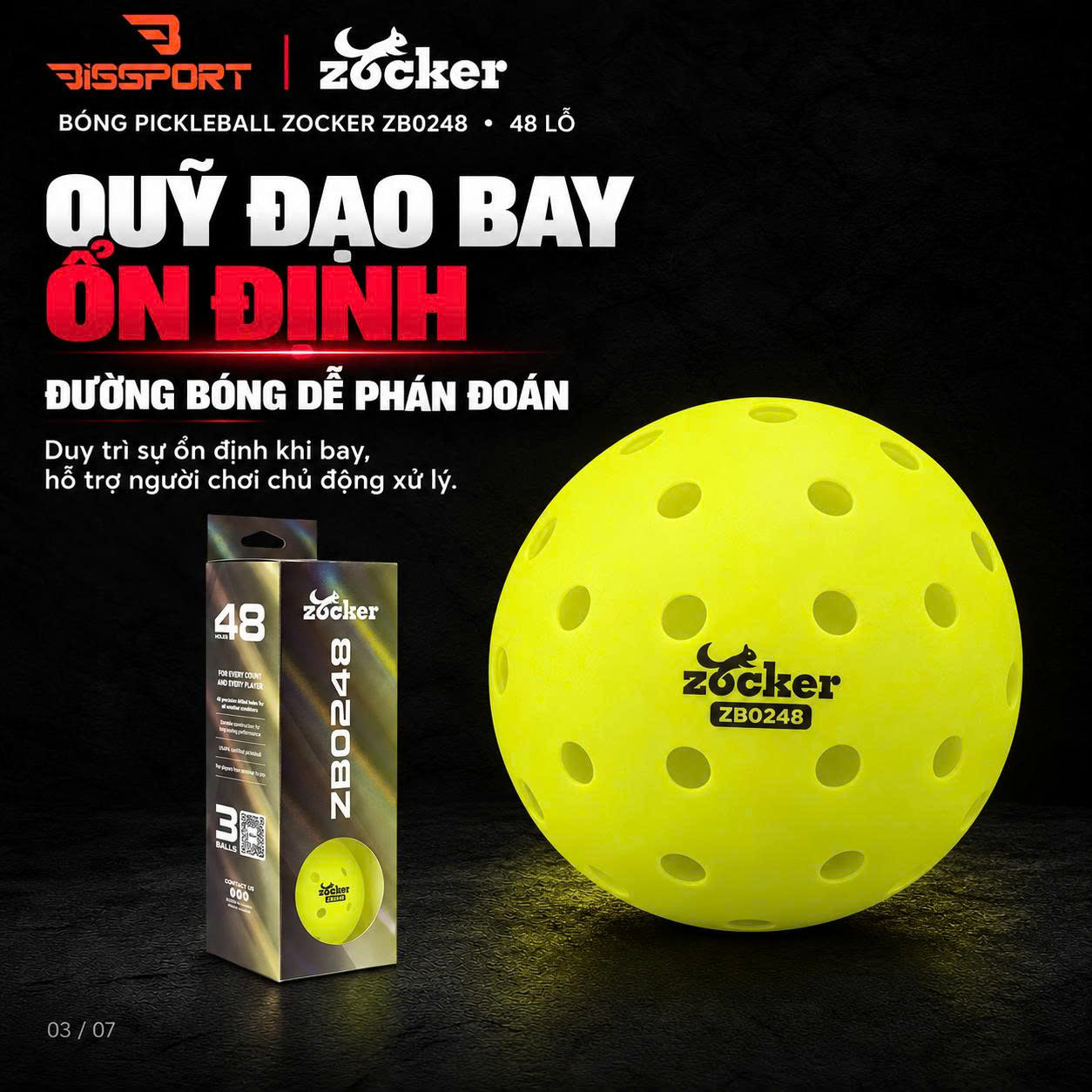 Quả Bóng Pickleball Zocker ZB0248 Chính Hãng - Độ Bền Ổn Định - Đường Bay Chuẩn - Cảm Giác Đánh Chắc Tay - 48 Lỗ